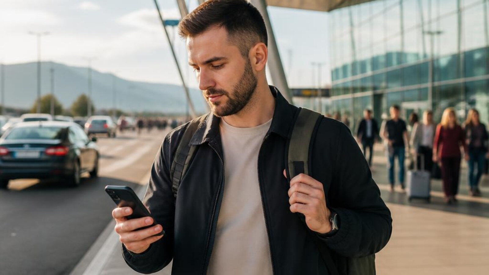 Albanian traveler arriving near Tirana Airport and using a smartphone for connectivity