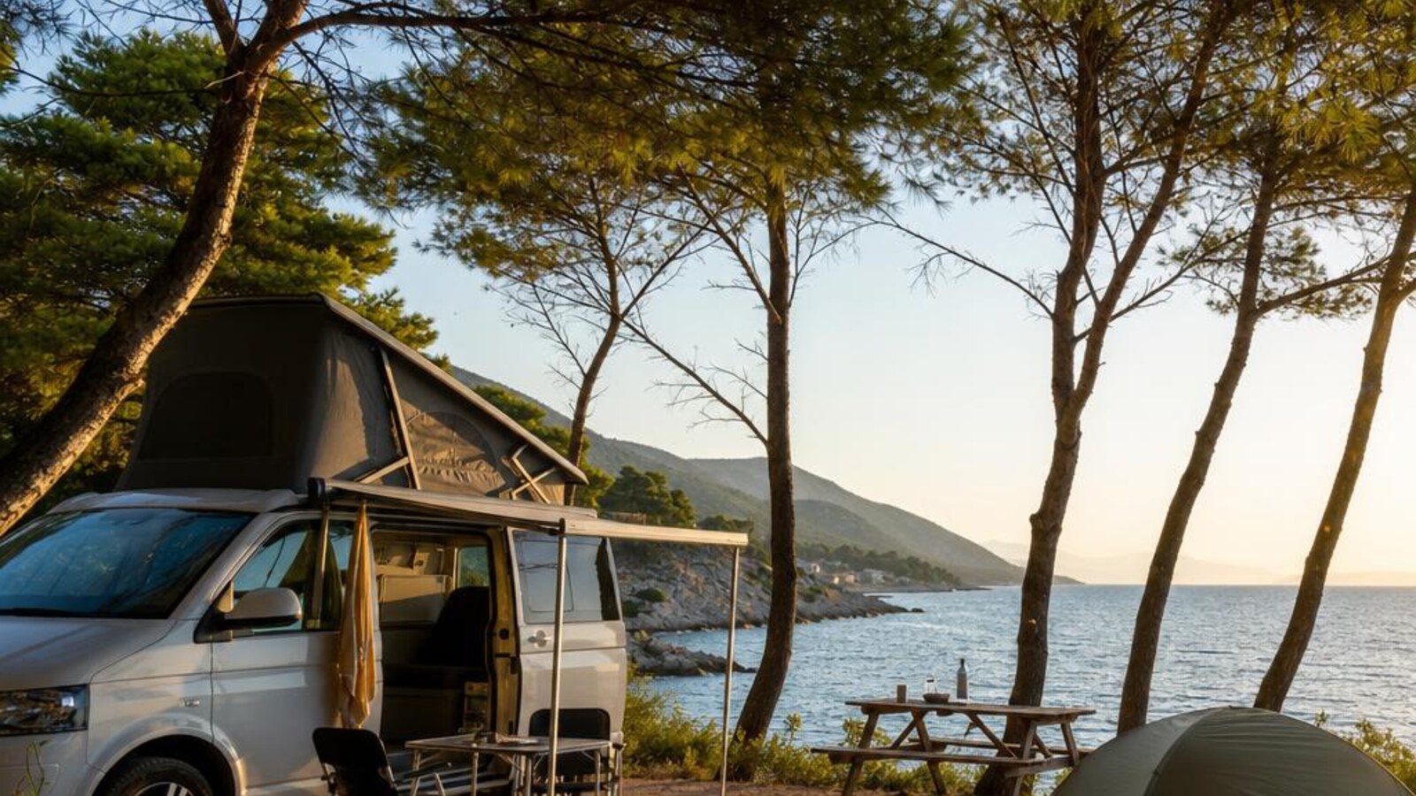 AI-generated editorial photograph: Albania camping and campervan planning