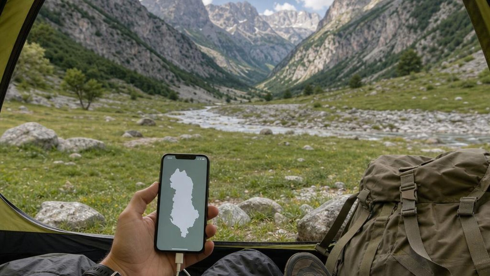 AI-generated editorial photograph: Albania campsite offline safety planning