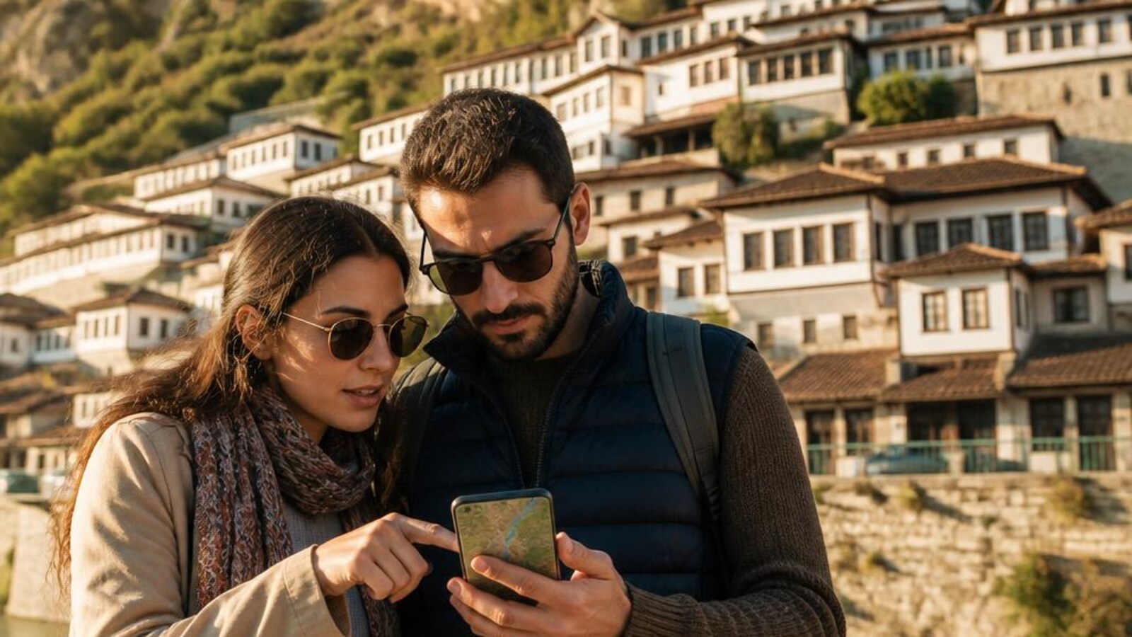 Albanian couple in Berat planning an offline travel route on a smartphone