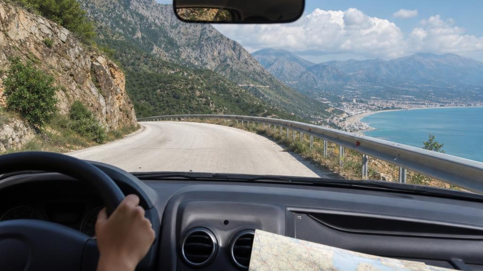 AI-generated editorial photograph: Albania rental car and road budget planning