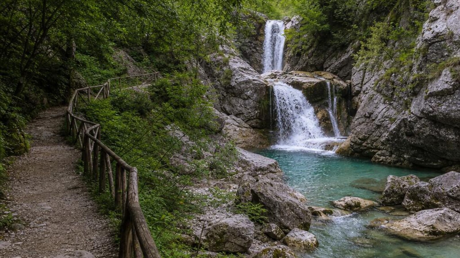 AI-generated editorial photograph: Albania river and waterfall road-trip planning