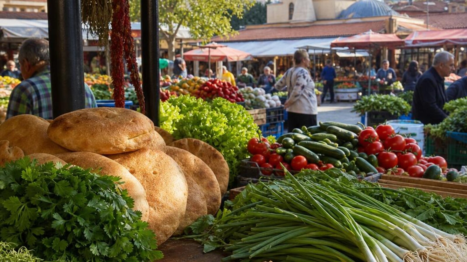 AI-generated editorial photograph: Albanian market and food travel planning