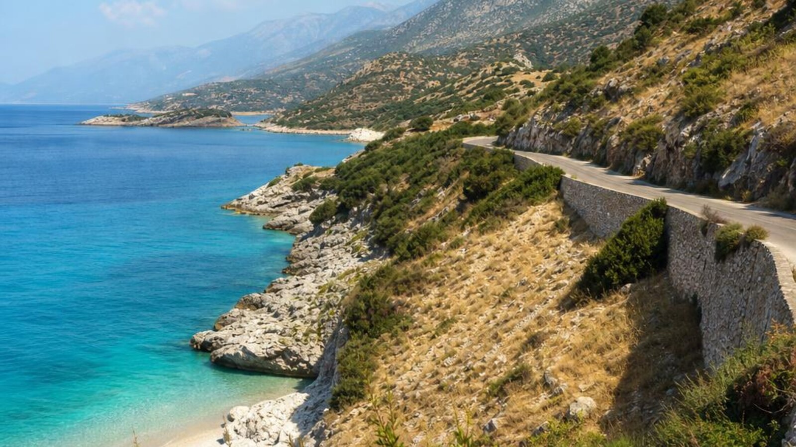 AI-generated editorial photograph: Albanian Riviera beach route planning