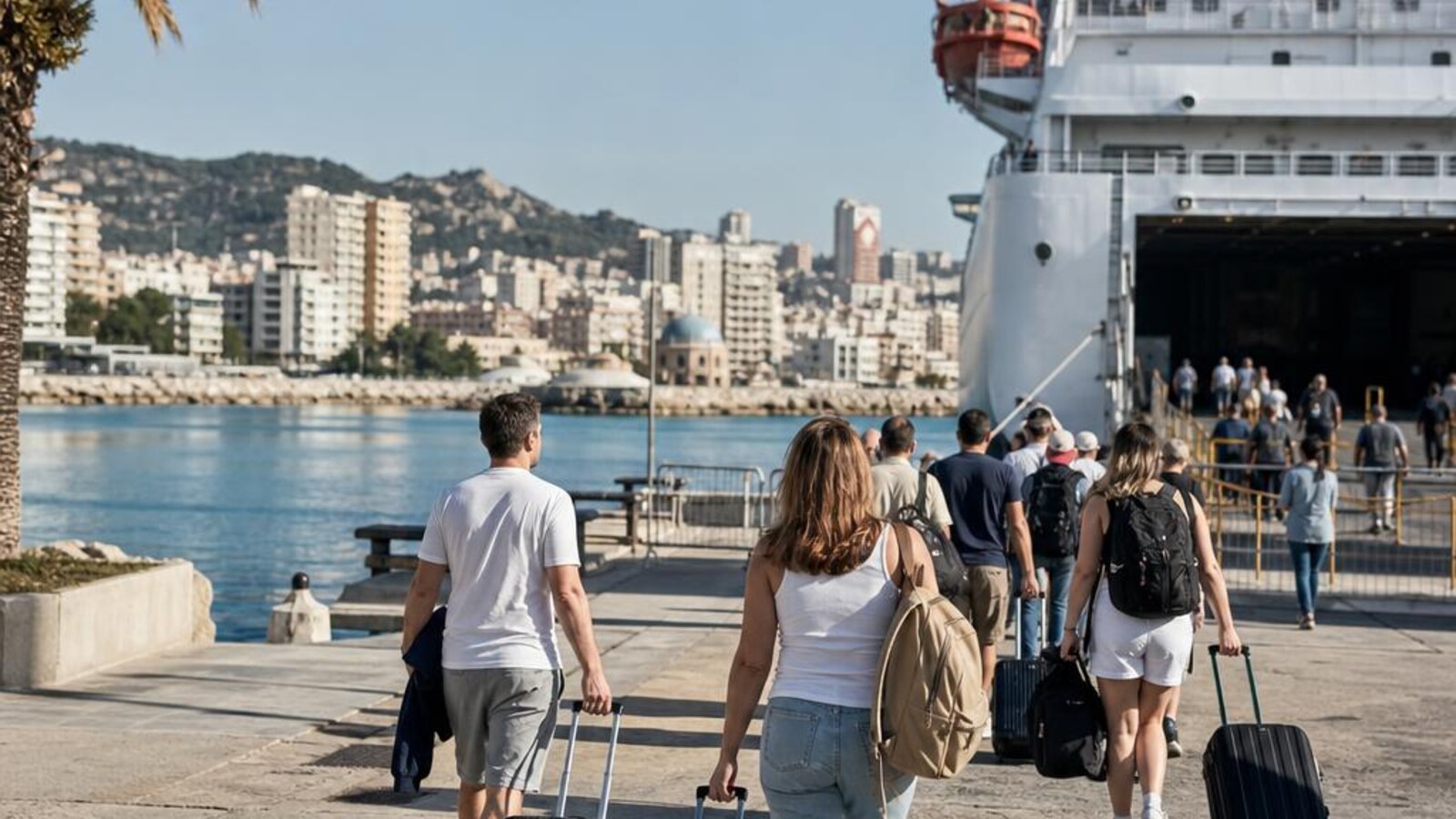 AI-generated editorial photograph of ferry passengers with luggage approaching an Adriatic port terminal in Albania