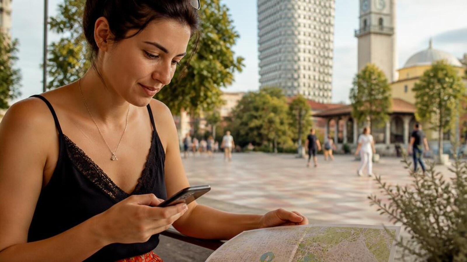 Albanian traveler in Tirana checking an eSIM travel map on a smartphone
