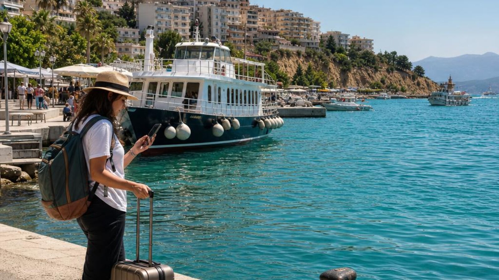 AI-generated editorial photograph of a traveler with luggage beside a small Ionian passenger harbor inspired by Sarandë