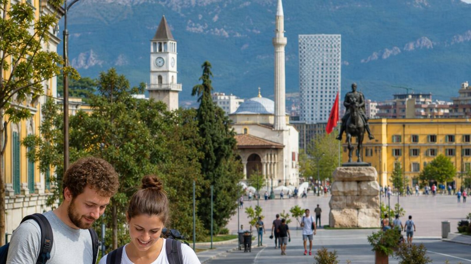 AI-generated editorial photograph: Tirana neighbourhood travel planning
