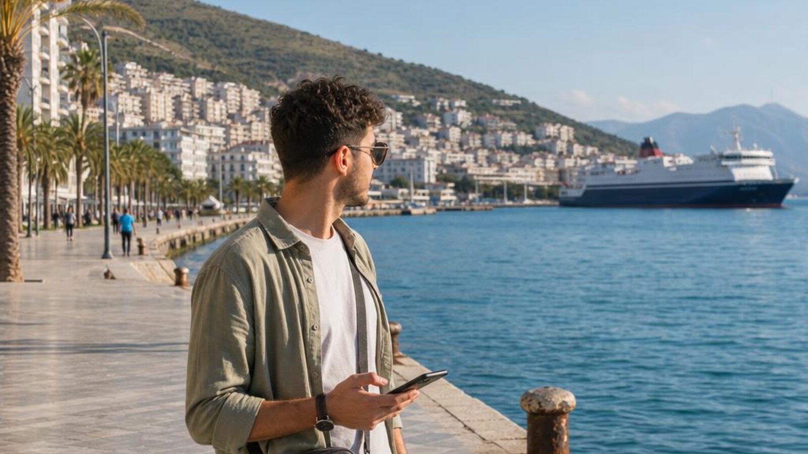 AI-generated editorial photograph of a traveler using a phone beside an Ionian passenger harbor inspired by Vlorë